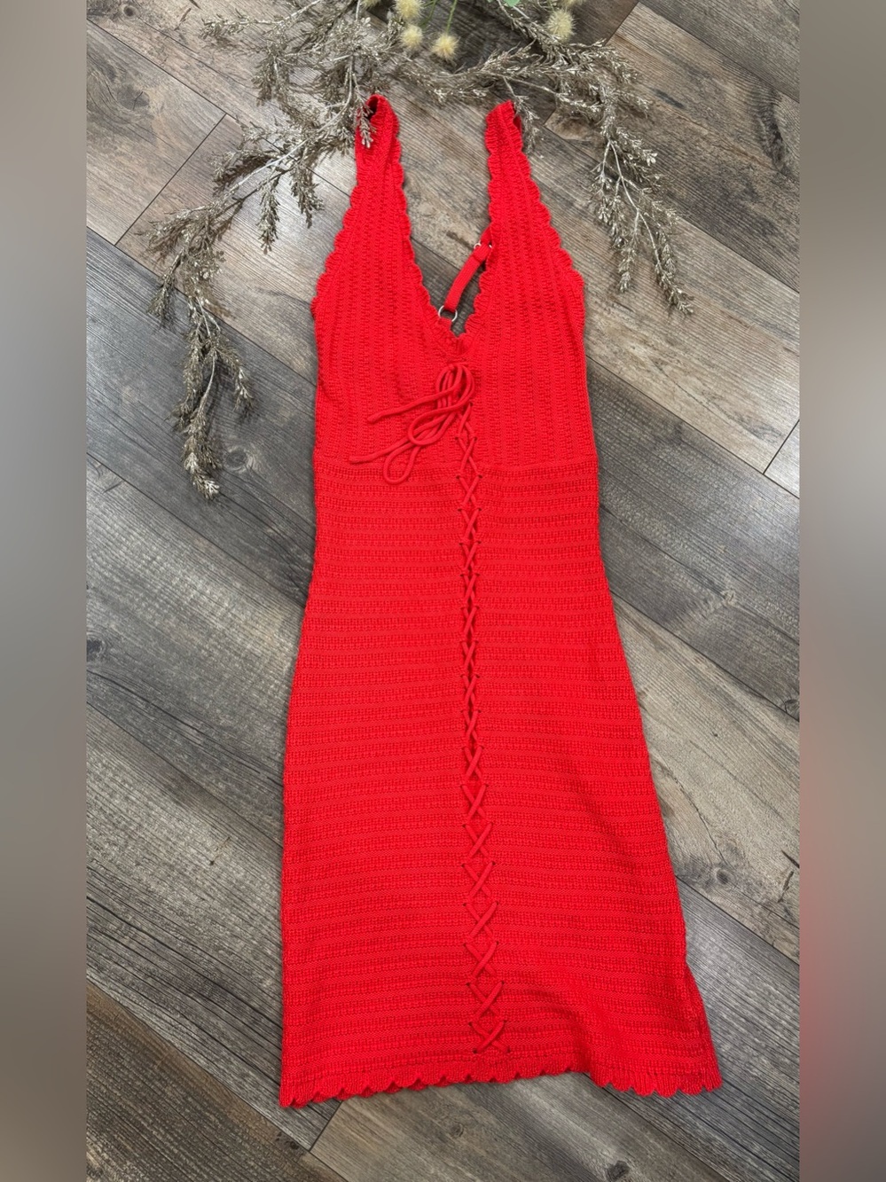 🔥Crochet Lace-Up Red Midi Dress🔥